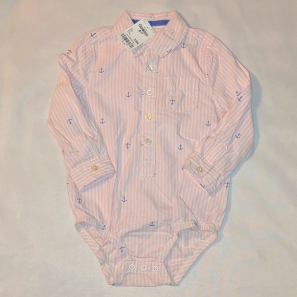 OSHKOSH Pink Striped Anchor Button Up Onesie NWT - Picture 1 of 5